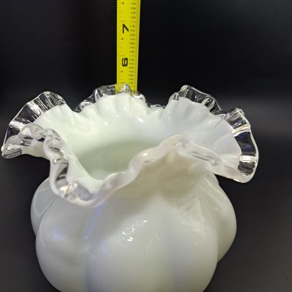 Fenton Milk Glass Melon Vase With Silver Crest Ruffled Edge - Picture 12 of 13